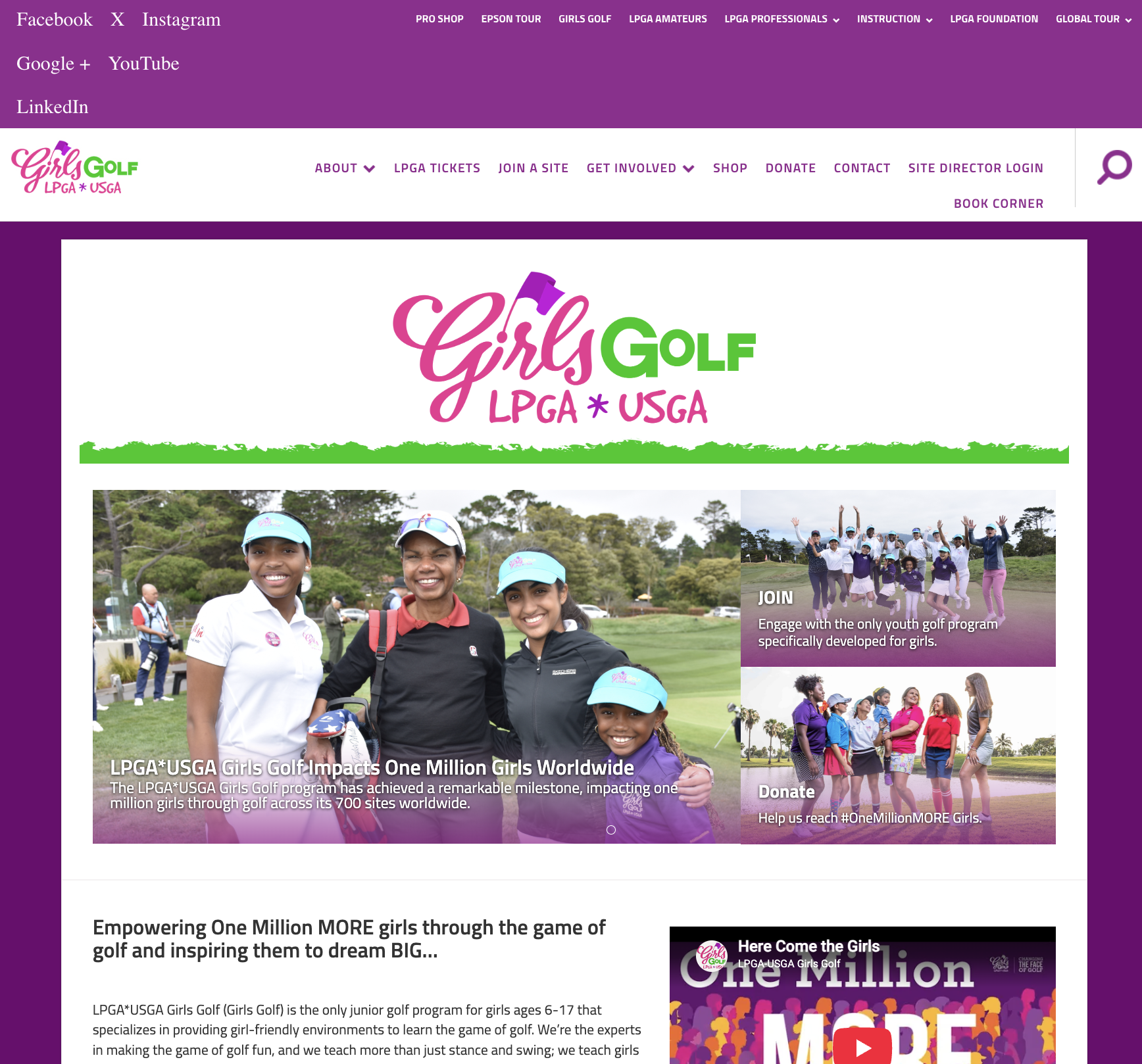Current LPGA*USGA Girls Golf website homepage with purple navigation bands and dense promotional blocks