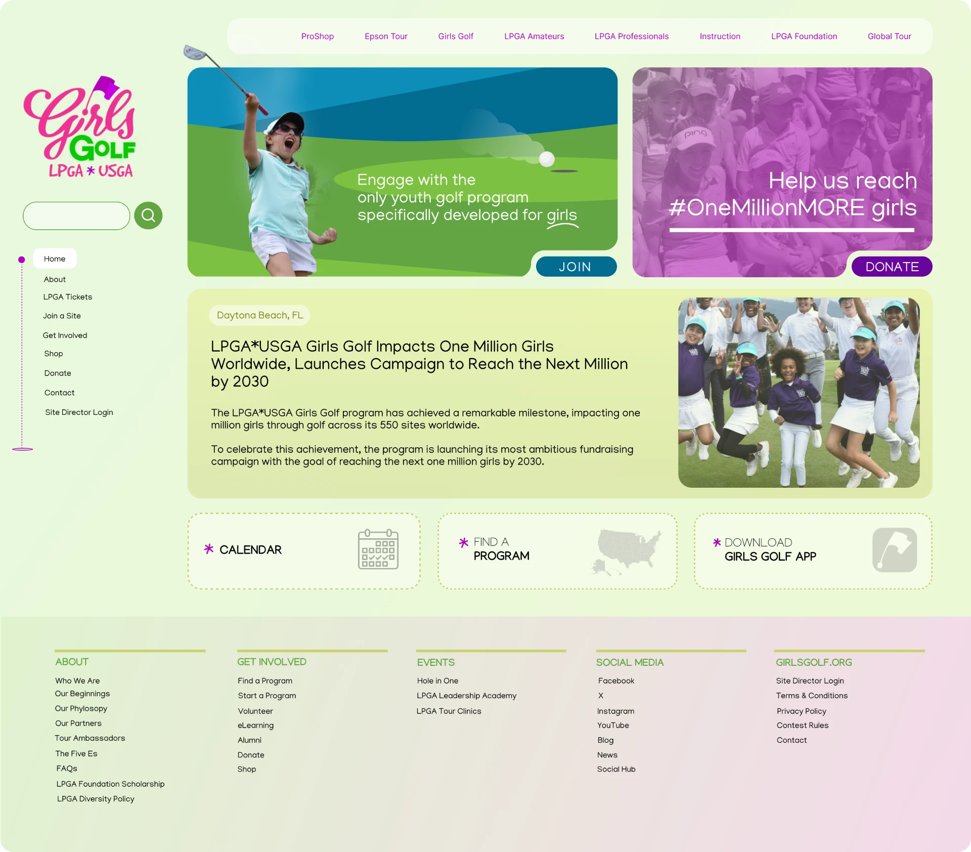 Redesigned LPGA*USGA Girls Golf homepage concept with soft green palette, hero campaign banners and quick-action cards